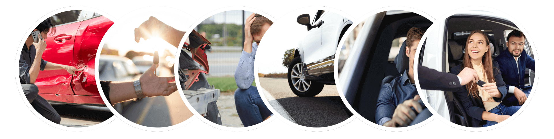 Auf der Startseite sind runde Bilder mit einem Autounfall, Reparatur, Verzweiflung, Handschlag und zwei Personen als Ihre Nummer 1